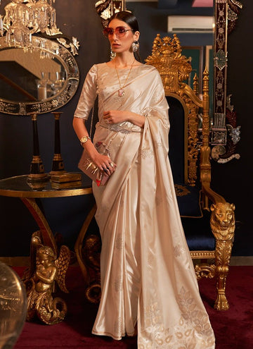 Beige Satin Silk Traditional Saree With Zari Weaving Work